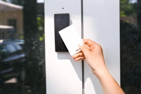 Image of a keyless door entry system on a fitness facility that is connected to gym software
