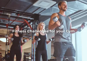 Users in a gym discussing ideas for fitness challenges