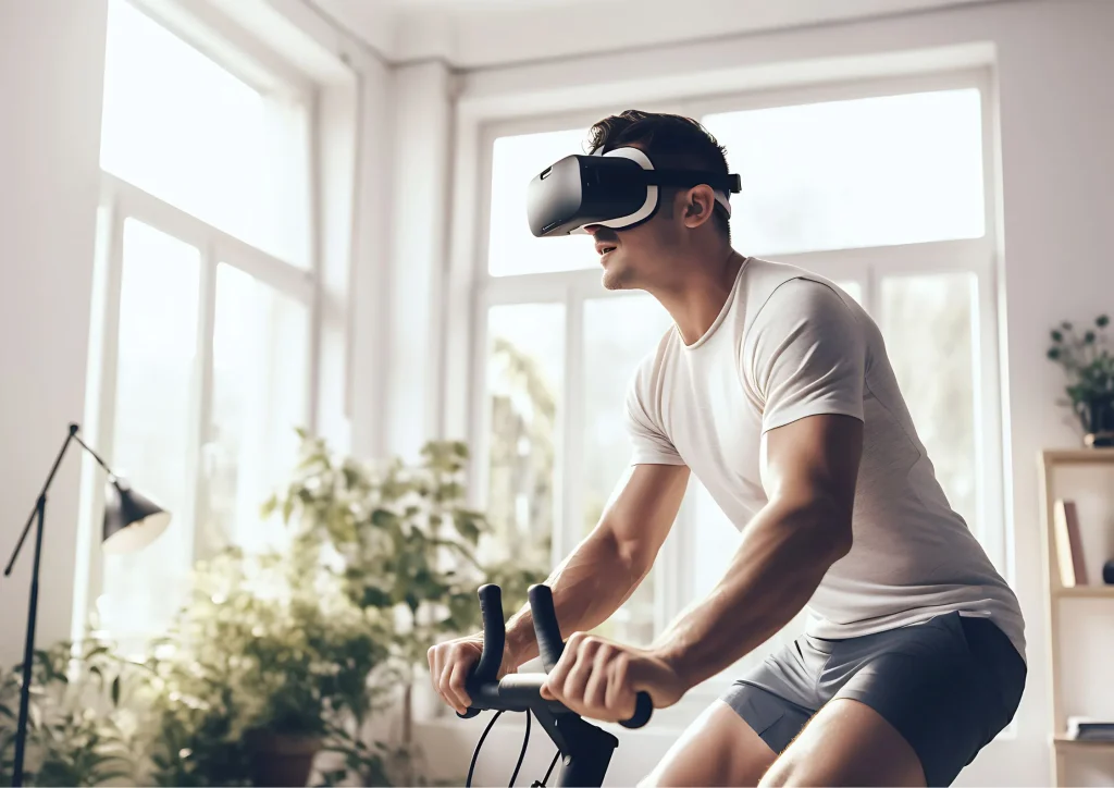 Image a man testing out some new emerging fitness technology in 2024; working out while playing video games showing the popular fitness trends 2024