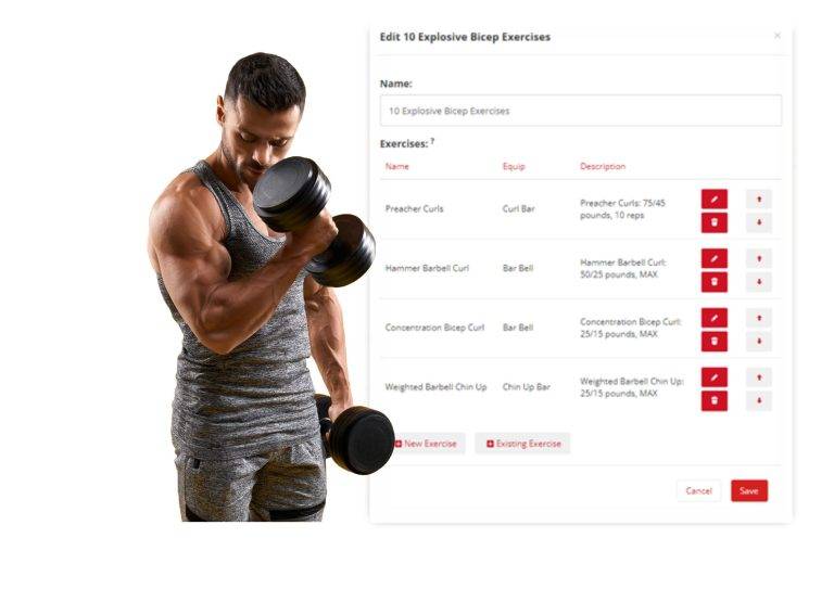 Image of tracking bicep curl exercises in RhinoFit's workout tracking software