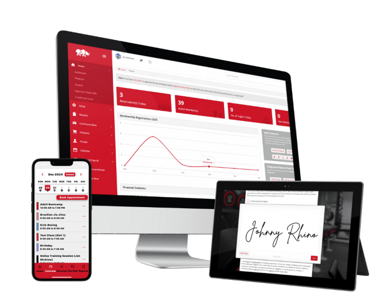 gym software displayed on a computer, mobile device and tablet