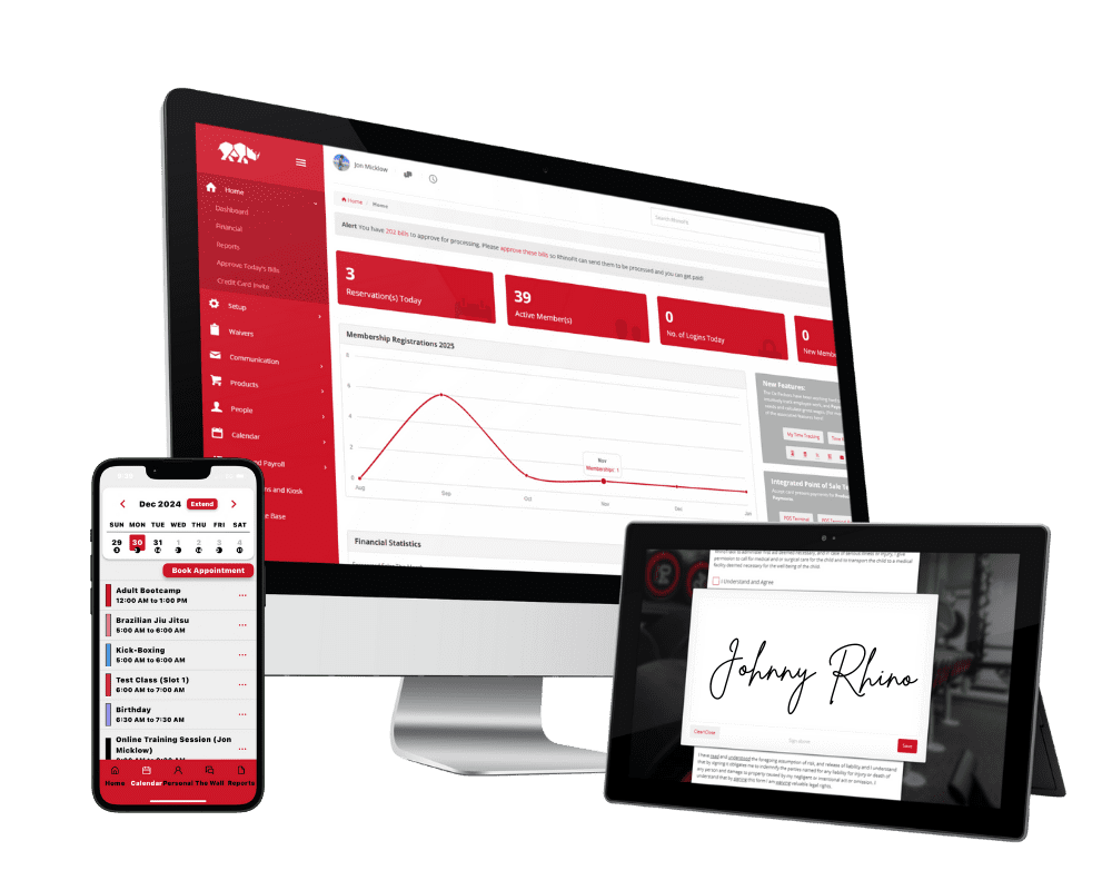 gym software displayed on a computer, mobile device and tablet