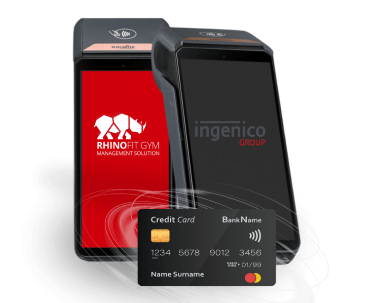 A credit card being swiped at a point of sale system used by gym management software