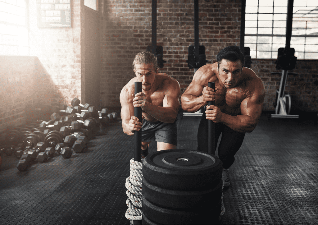 Image of hyrox gym members doing a 50m sled push