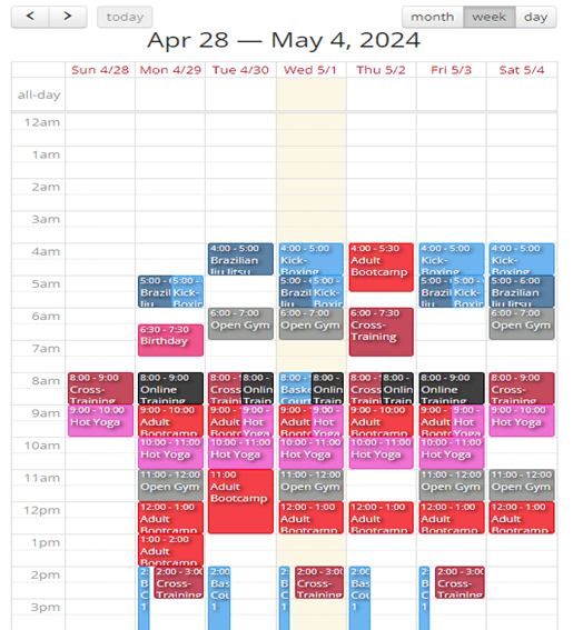 Image of RhinoFits built-in calendar, perfect to use for gym events