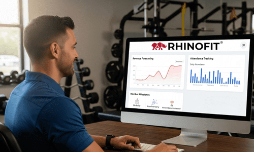Image of an owner looking at his reporting feature from his RhinoFit software for his martial arts training facility