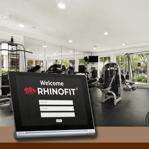 Image of a sign in kiosk providing info for the fitness pos system