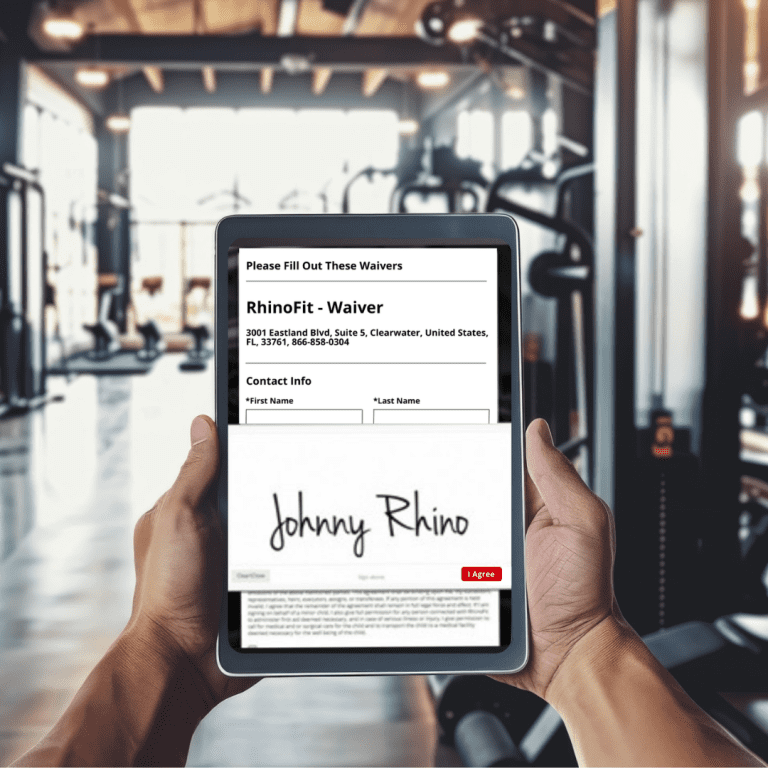Image of gym waiver forms on a tablet in a gym