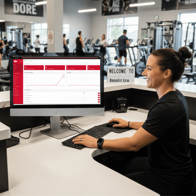 Image of a gym front desk using gym check-in software to save time